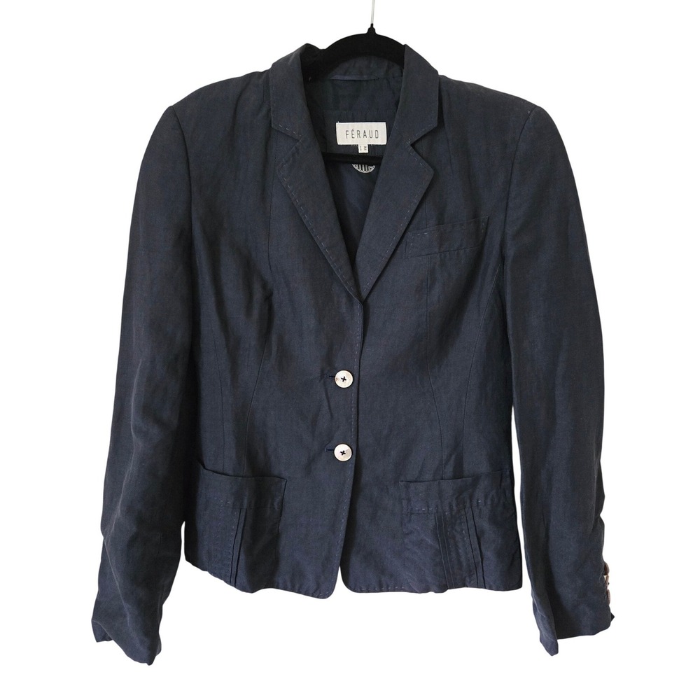 Feraud Paris 38 Navy Blue Tailored Blazer Silk Lining Pleated‎ Pockets France